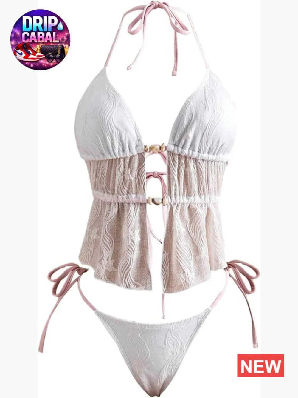2 Piece Floral Tankini Set with Beaded Backless Halter Swimsuits
